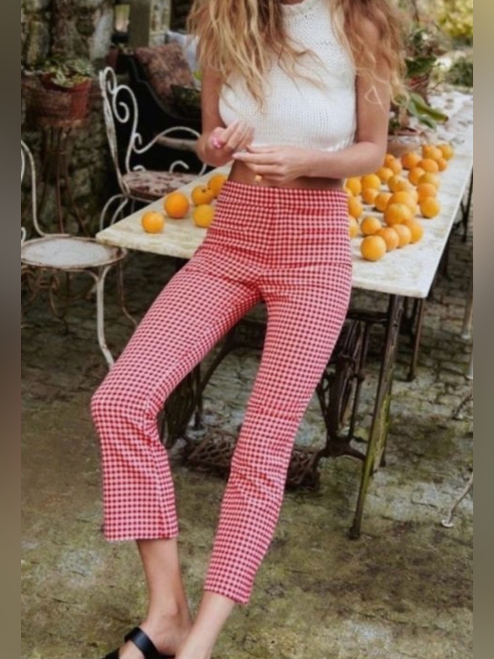 NWT Zara Women's Red Gingham Kick Flare Cropped High Waist Trouser Pants